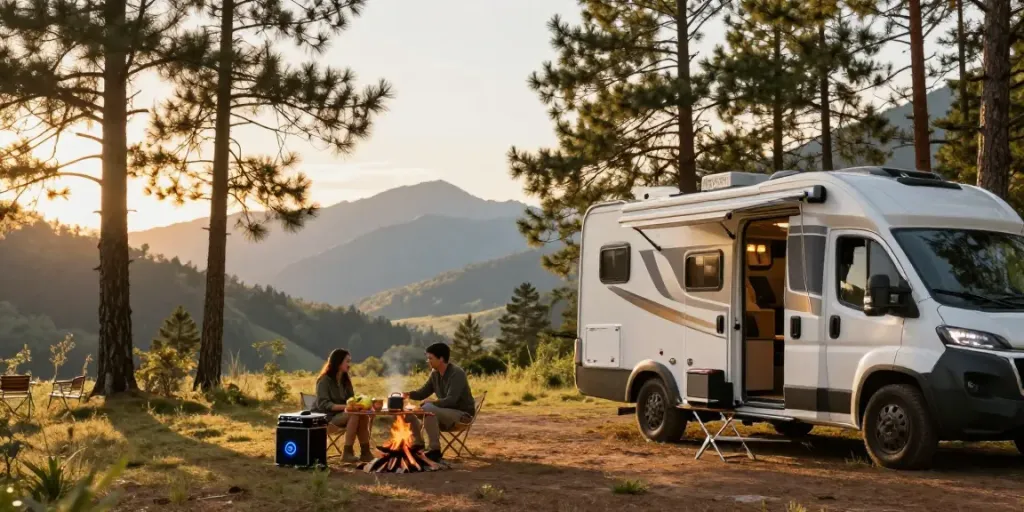 Lithium batteries for RV showcased in a scenic campground setting during sunset.