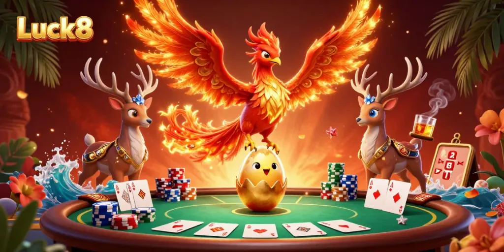 Experience the thrill of Luck8 with this vibrant casino scene featuring a phoenix and poker elements.