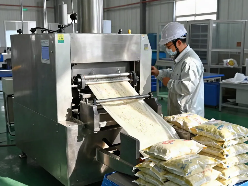 Open mouth bag filling machine in a factory, efficiently packaging fine powders.