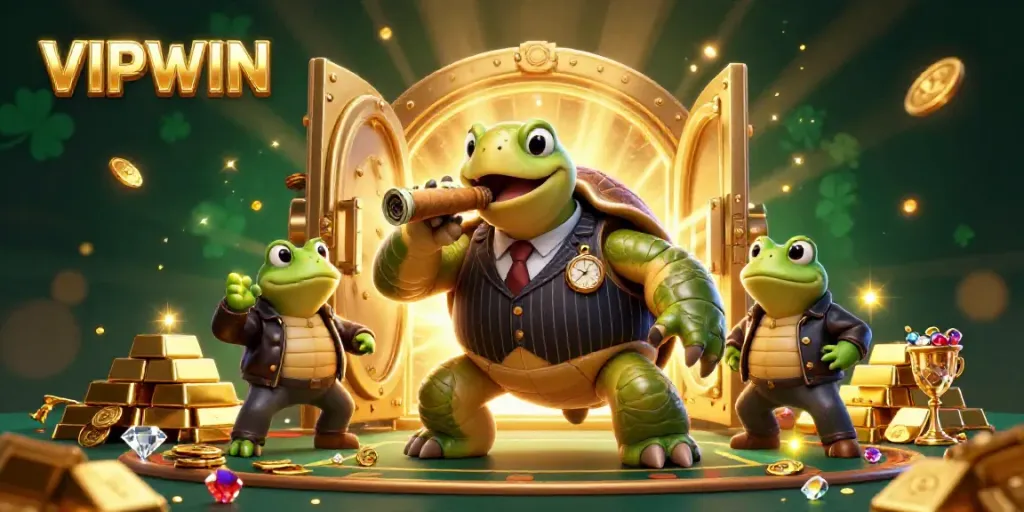 Experience excitement at VIPWIN with a dynamic casino scene featuring a snapping turtle in a mobster suit and gold treasures.