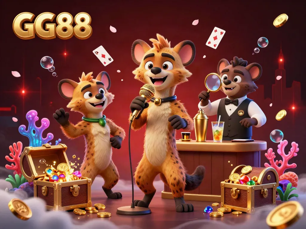 GG88 lively casino scene with hyenas entertaining and mixing drinks amidst gold coins and vibrant underwater elements.