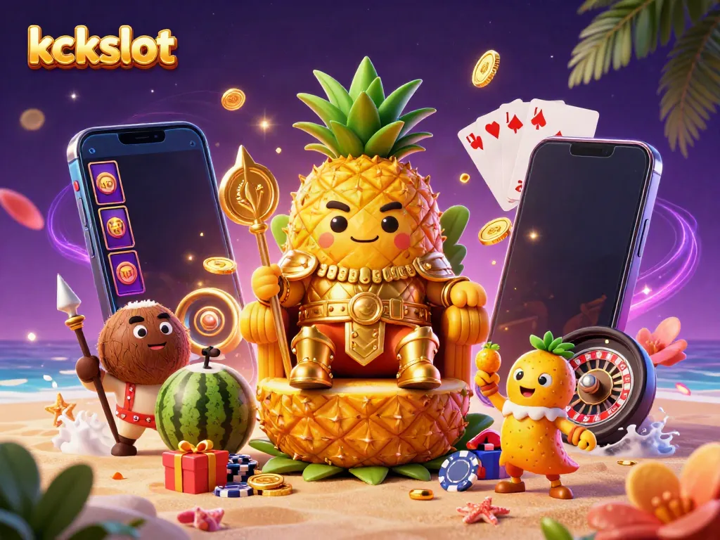 Gambarkan momen menarik kckslot dengan karakter raja nanas emas di troli buah, diadakan di pantai.