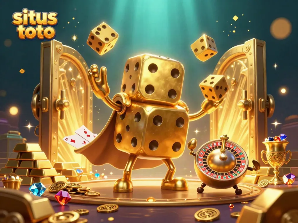 Situs toto gaming scene with golden dice golem, treasures, and vibrant casino elements.