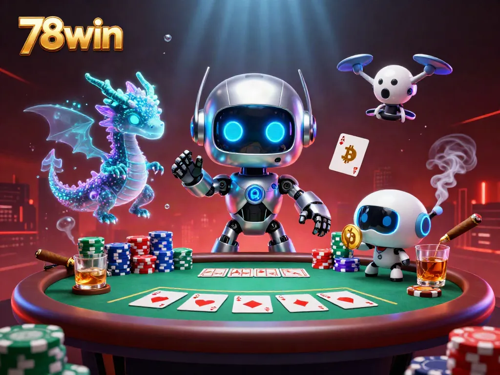Engage in dynamic gaming adventures with 78win's vibrant 3D illustration featuring poker elements and exciting characters.