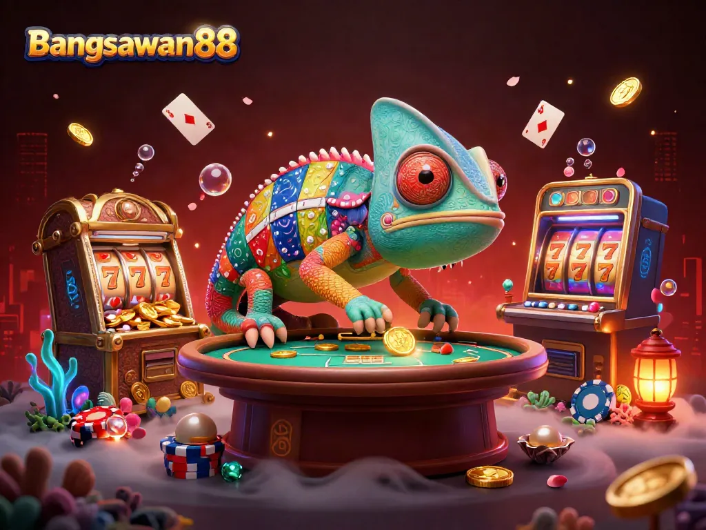 Bangsawan88 offers exciting gaming action with a vibrant, dynamic casino scene illustrating a colorful chameleon mascot.