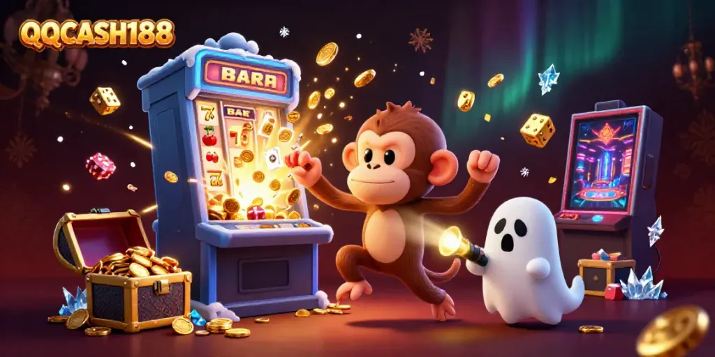 Engage with QQCASH188's thrilling casino adventure featuring a ghost-hunter puppy and a mischievous monkey.