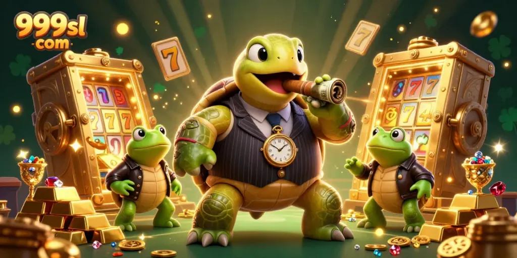 Experience the thrill of 999sl com with a cartoon turtle mobster and frog enforcers amidst slot machines and treasure.