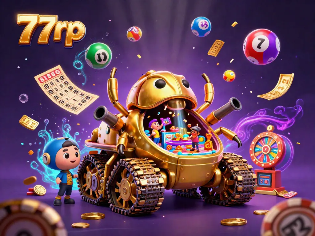 Engage with lively casino games at 77rp featuring a vibrant digital illustration of a beetle tank casino.