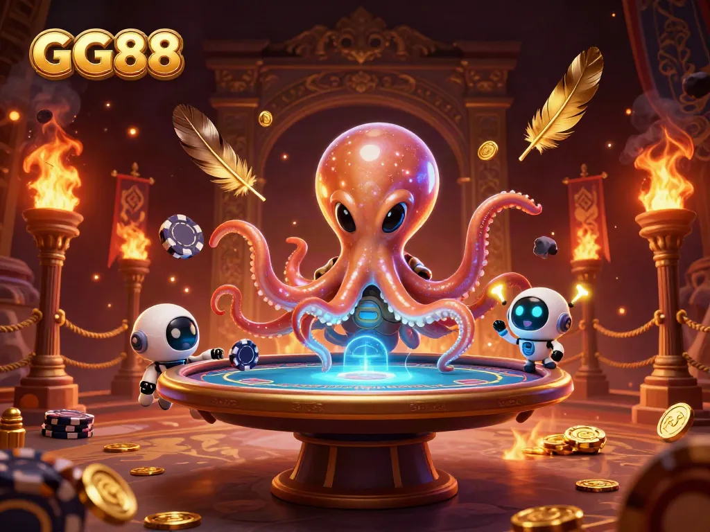 Engage in thrilling action at GG88 with a vibrant 3D illustration of an alien octopus at a poker table, accented by colorful game elements.