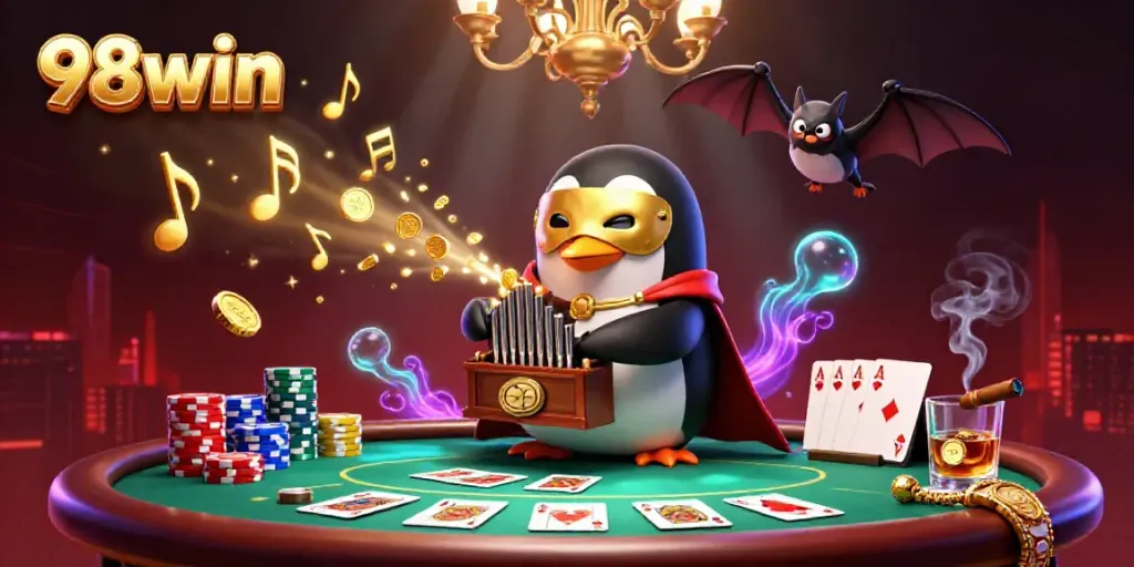 Win big with 98win as a penguin plays a golden organ surrounded by poker action.