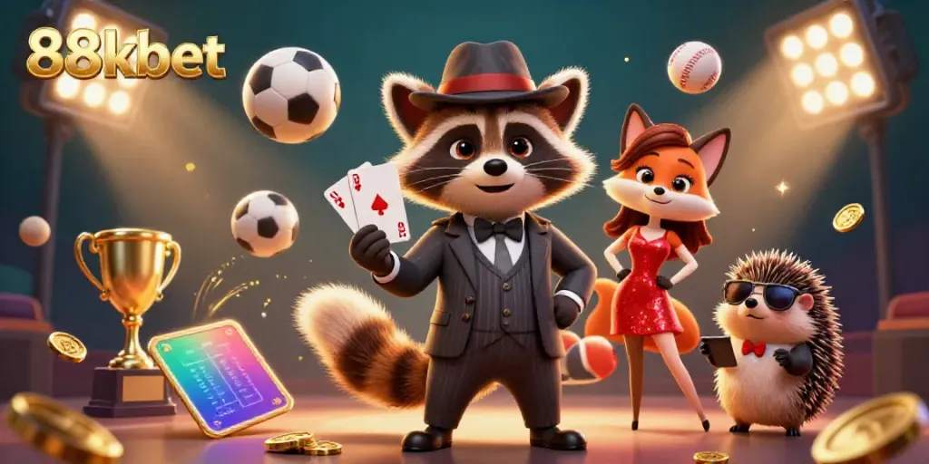 Experience excitement with 88kbet as the raccoon, fox, and hedgehog enjoy vibrant casino action.