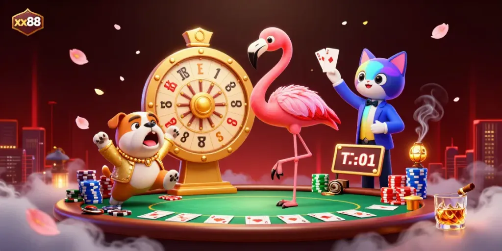 Engage in an exciting gaming scene with the xx88 prize wheel and dynamic characters showcasing thrilling gambling.