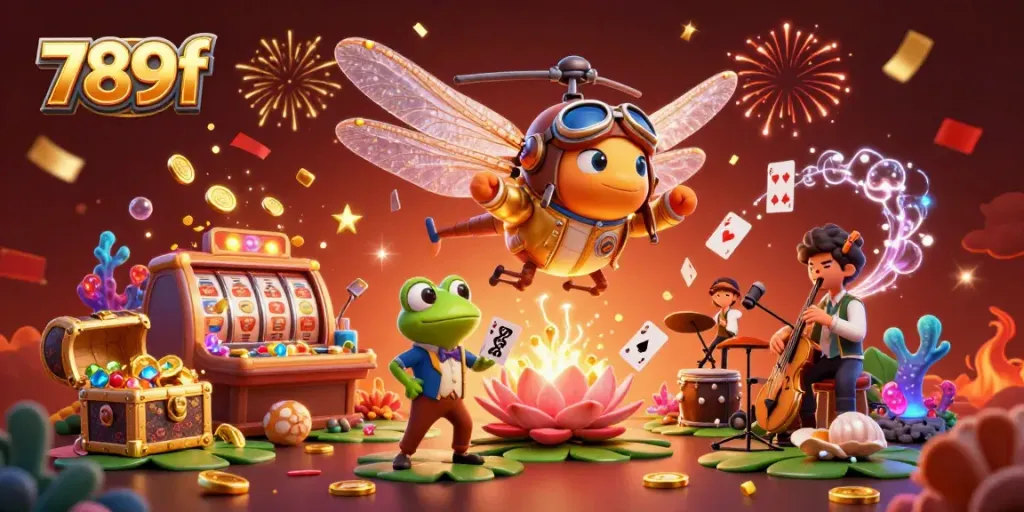 Experience thrilling gameplay at 789f with a cartoon dragonfly pilot and frog croupier in a vibrant casino scene.
