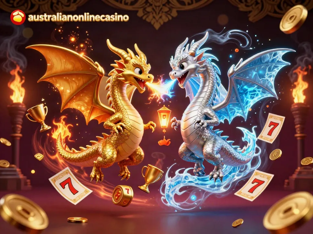 A vibrant scene of twin dragons battling visually amidst online casino elements, representing australianonlinecasino