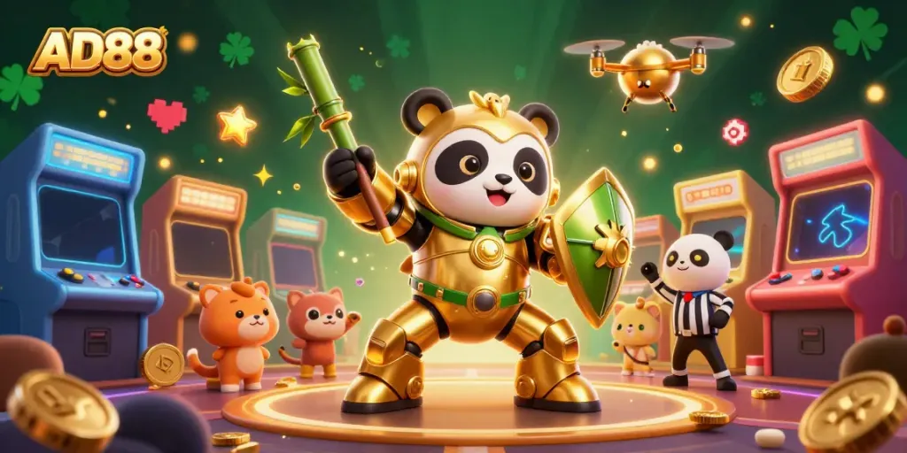 Engage in thrilling gameplay with the AD88 panda mech robot in a vibrant casino arena.