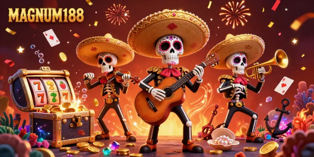 Experience the vibrant excitement of MAGNUM188 with a lively mariachi scene surrounded by slot elements and treasure.