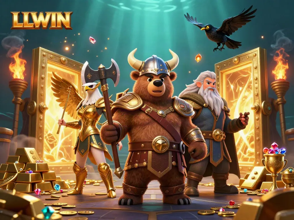 Experience a colorful LLWIN casino adventure with a Viking bear, Valkyrie eagle, and treasure elements.
