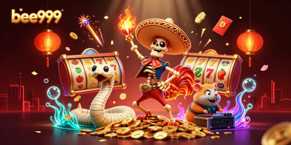 Experience the excitement of bee999 with a vibrant 3D illustration showcasing casino characters celebrating over golden coins.
