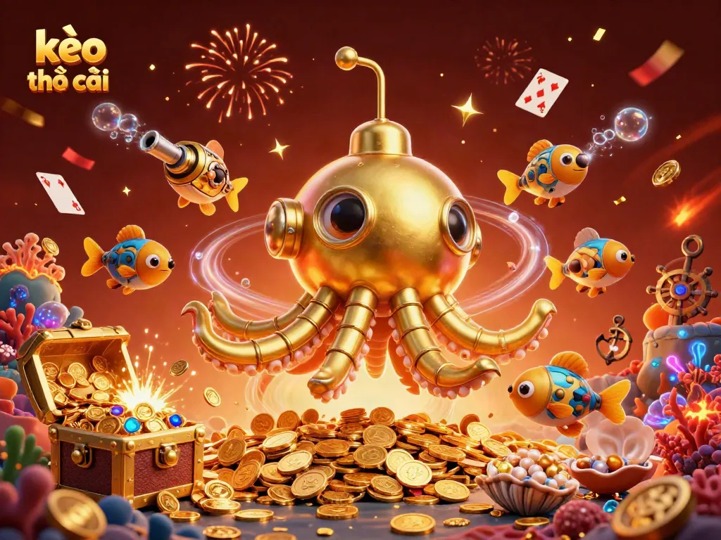 Engaging scene showcasing a golden kraken submarine in a sea of gold coins, symbolizing kèo nhà cái excitement.