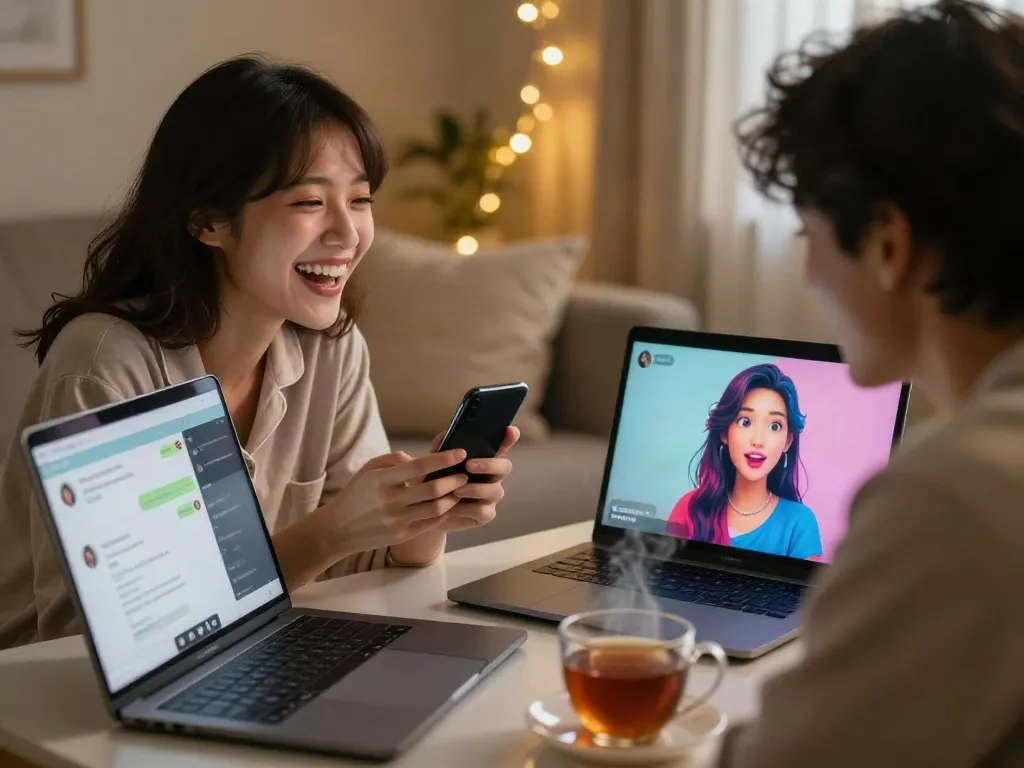 Engaging intimate moment in AI sex chat with digital character on screen, cozy atmosphere.