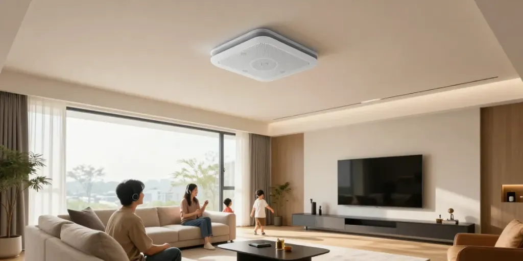 Stylish living room with a ceiling speaker, family enjoying music together.