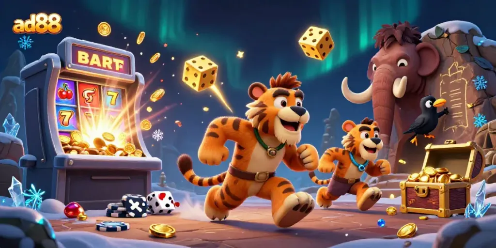 Experience excitement with ad88’s prehistoric casino adventure featuring a caveman and sabertooth duo!