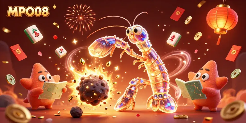 MPO08 celebrates gaming with a galactic mantis shrimp and starfish amidst jewels and mahjong tiles.