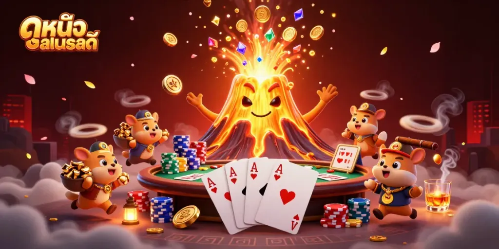 Engage with ดูหนังออนไลน์ in this vibrant casino-themed scene featuring a volcano erupting coins and a poker table packed with exciting elements.