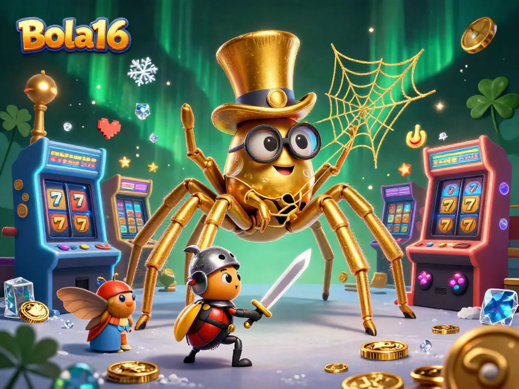 Bola16 presents a dynamic scene with a golden tarantula, beetle knight, and vibrant casino elements.
