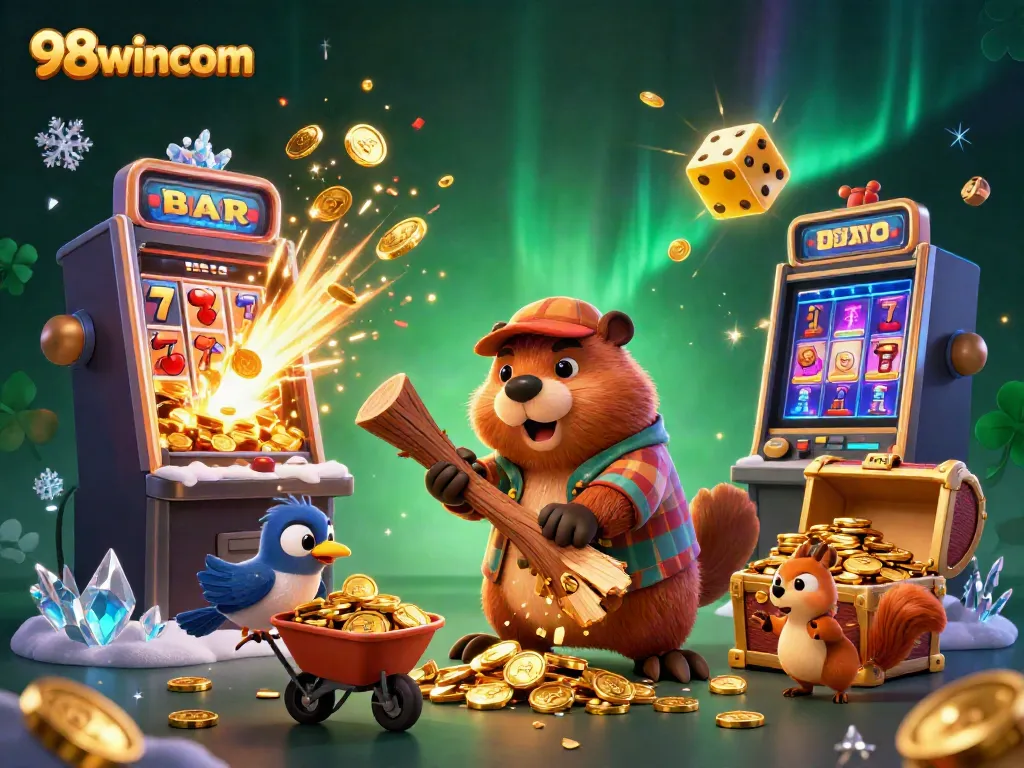 Experience thrilling gaming with 98wincom as the 3D lumberjack beaver collects coins from a jackpot.