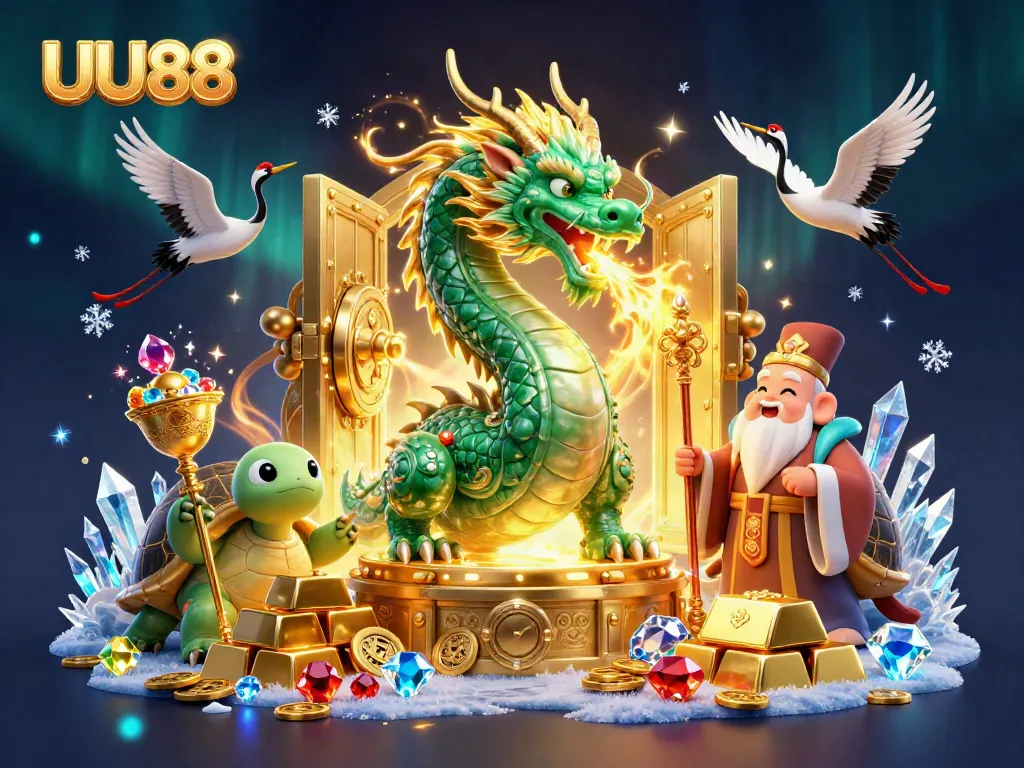 UU88's vibrant 3D illustration showcases a jade dragon, turtle sage, and cranes in a dynamic casino scene.
