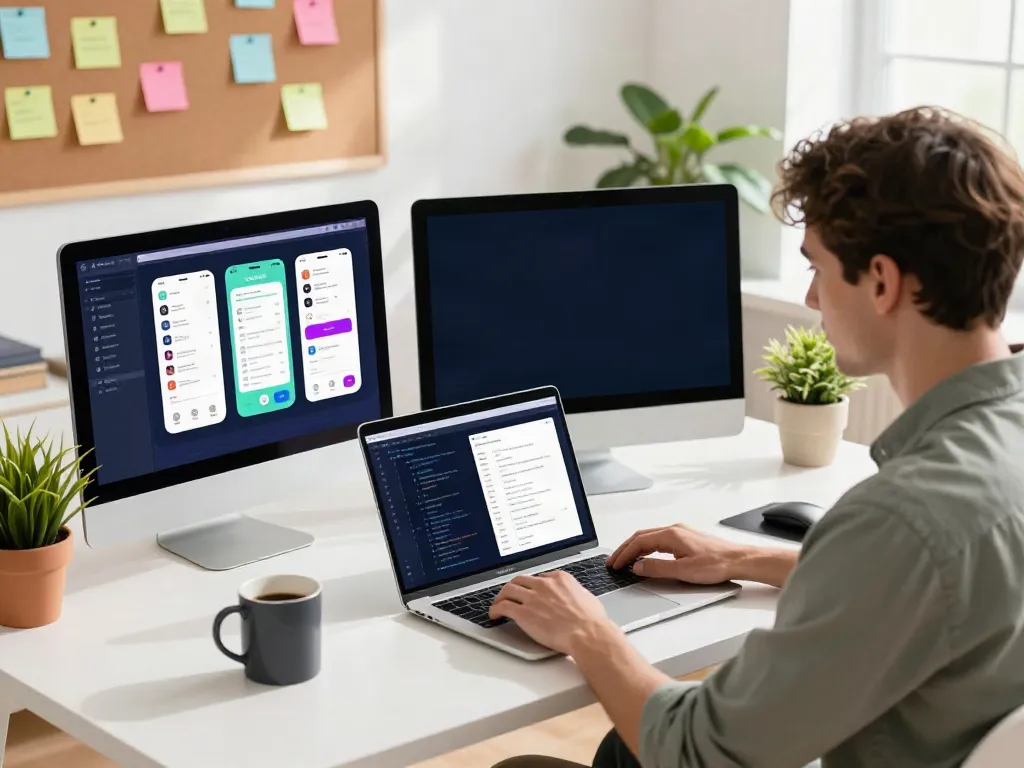 Developer engaged in coding for apktodo mobile app in modern office.